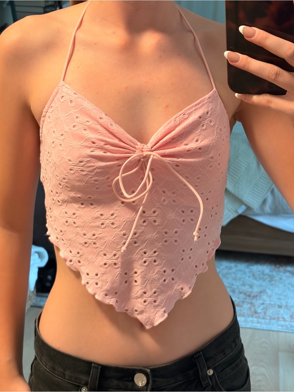 Pink Eyelet Halter Tie-Front Crop Top